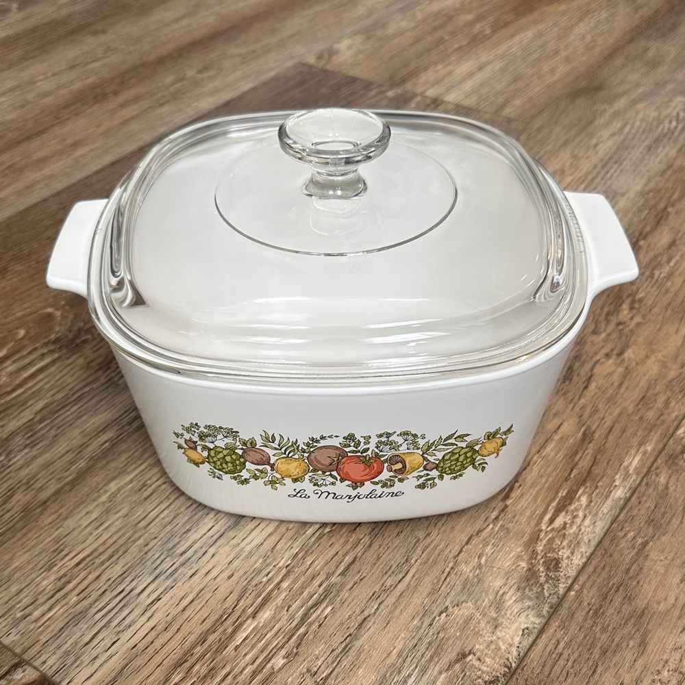 Corningware White Casserole Dish with “Spice of Life” design.
